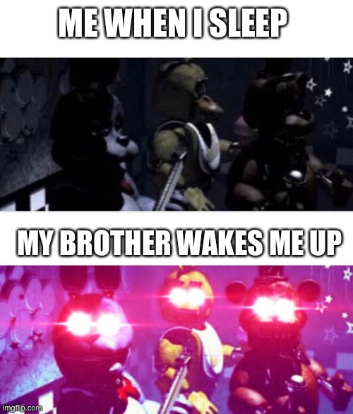 FNaF Death Eyes | ME WHEN I SLEEP; MY BROTHER WAKES ME UP | image tagged in fnaf death eyes | made w/ Imgflip meme maker
