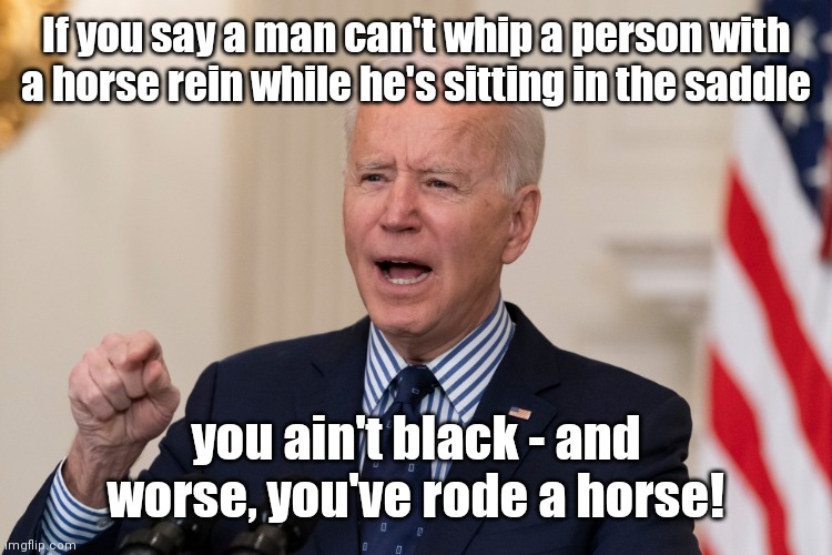 Biden and Dem buddies throw horse poop | If you say a man can't whip a person with a horse rein while he's sitting in the saddle; you ain't black - and worse, you've rode a horse! | image tagged in grouchy biden,joe biden,open borders,haitian illegals,race card,lies | made w/ Imgflip meme maker