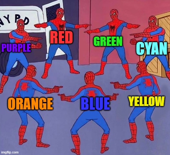 hmmm all of them are sus | GREEN; RED; CYAN; PURPLE; YELLOW; BLUE; ORANGE | image tagged in same spider man 7 | made w/ Imgflip meme maker