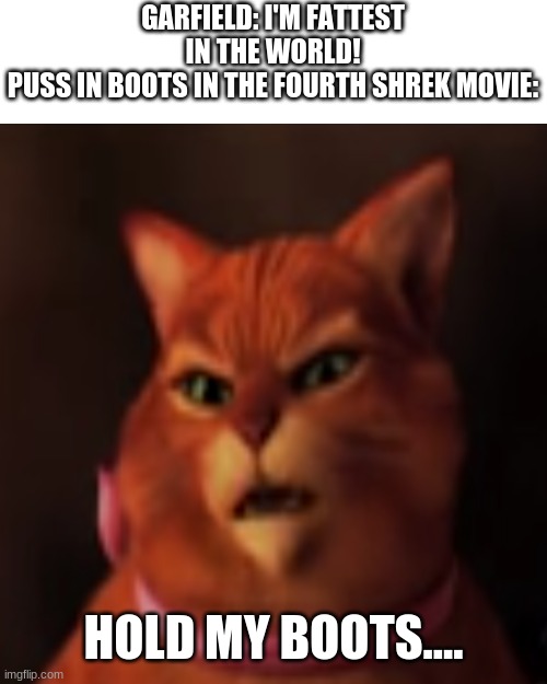 Puss in boots: hold my boots.... | GARFIELD: I'M FATTEST IN THE WORLD!
PUSS IN BOOTS IN THE FOURTH SHREK MOVIE:; HOLD MY BOOTS.... | image tagged in memes,puss in boots,shrek,shrek cat,cat,cat meme | made w/ Imgflip meme maker