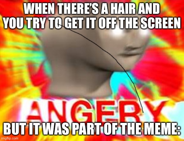 Surreal Angery | WHEN THERE’S A HAIR AND YOU TRY TO GET IT OFF THE SCREEN; BUT IT WAS PART OF THE MEME: | image tagged in surreal angery | made w/ Imgflip meme maker