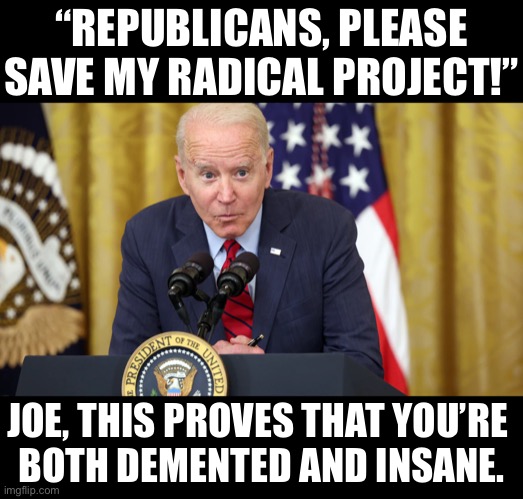 Joe Biden — demented and insane! It’s official, folks! | “REPUBLICANS, PLEASE SAVE MY RADICAL PROJECT!”; JOE, THIS PROVES THAT YOU’RE 
BOTH DEMENTED AND INSANE. | image tagged in joe biden,biden,democrat party,communists,radical,joe biden worries | made w/ Imgflip meme maker