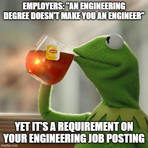 But That's None Of My Business Meme | EMPLOYERS: "AN ENGINEERING DEGREE DOESN'T MAKE YOU AN ENGINEER"; YET IT'S A REQUIREMENT ON YOUR ENGINEERING JOB POSTING | image tagged in memes,but that's none of my business,kermit the frog | made w/ Imgflip meme maker