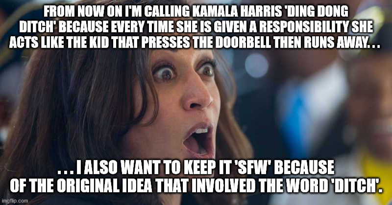 The birth of Ding Dong Ditch. | FROM NOW ON I'M CALLING KAMALA HARRIS 'DING DONG DITCH' BECAUSE EVERY TIME SHE IS GIVEN A RESPONSIBILITY SHE ACTS LIKE THE KID THAT PRESSES THE DOORBELL THEN RUNS AWAY. . . . . . I ALSO WANT TO KEEP IT 'SFW' BECAUSE OF THE ORIGINAL IDEA THAT INVOLVED THE WORD 'DITCH'. | image tagged in kamala harriss,scumbag government,government corruption,political meme,political humor,funny | made w/ Imgflip meme maker