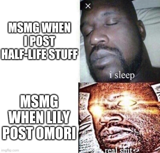 i sleep real shit | MSMG WHEN I POST HALF-LIFE STUFF; MSMG WHEN LILY POST OMORI | image tagged in i sleep real shit | made w/ Imgflip meme maker