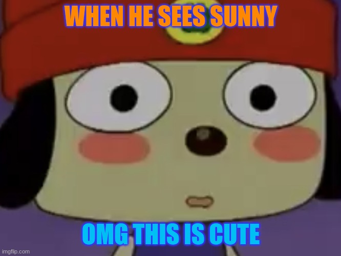 parappa the rapper | WHEN HE SEES SUNNY; OMG THIS IS CUTE | image tagged in flushed parappa | made w/ Imgflip meme maker