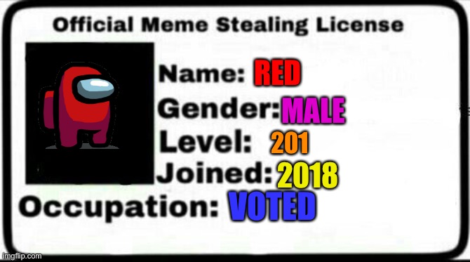 Sus | RED; MALE; 201; 2018; VOTED | image tagged in meme stealing license | made w/ Imgflip meme maker