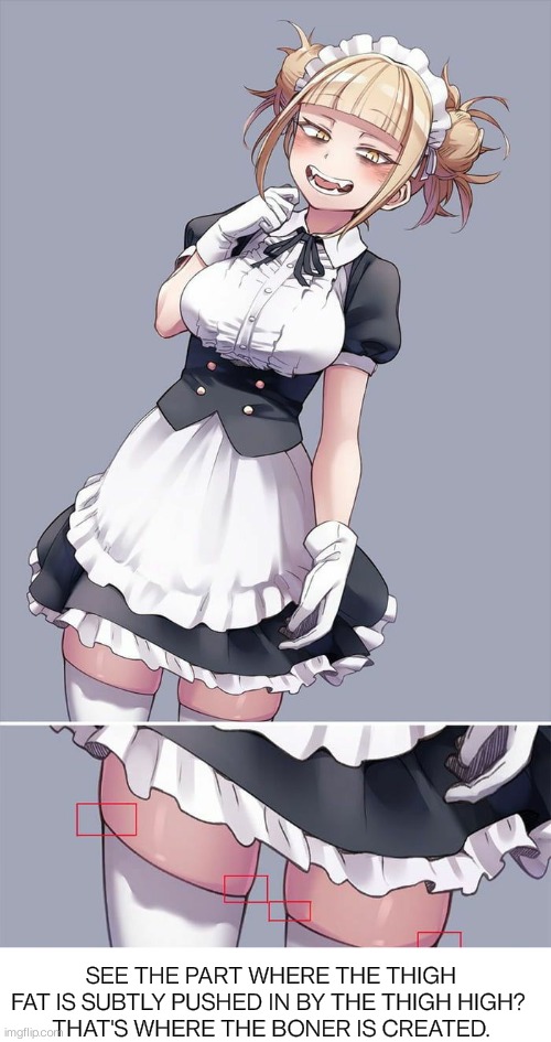 The Thicc Thighs | SEE THE PART WHERE THE THIGH FAT IS SUBTLY PUSHED IN BY THE THIGH HIGH? 
THAT'S WHERE THE BONER IS CREATED. | image tagged in thicc,thighs,hentai anime girl | made w/ Imgflip meme maker