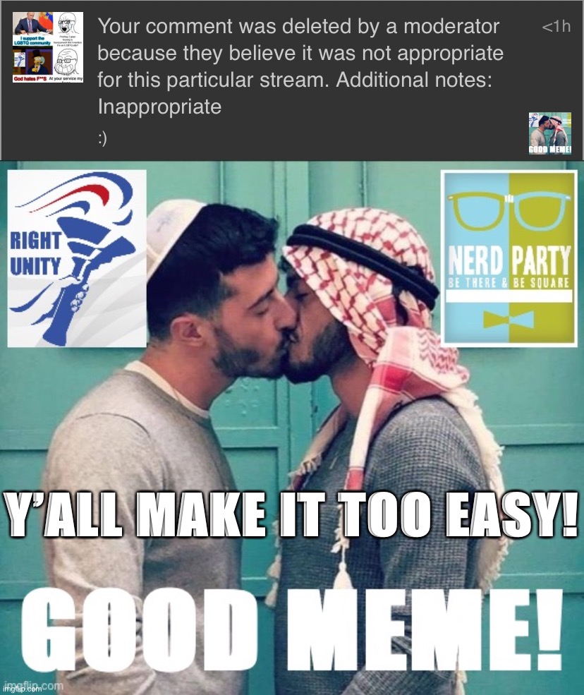 Which homophobe deleted my comment featuring two gay men kissing? :) | Y’ALL MAKE IT TOO EASY! | made w/ Imgflip meme maker