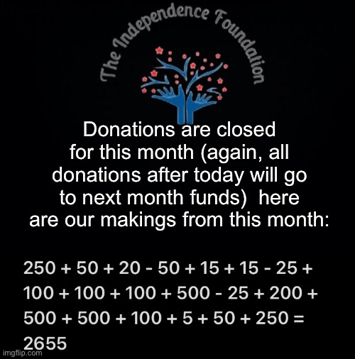 extremely pleased so far! | Donations are closed for this month (again, all donations after today will go to next month funds)  here are our makings from this month: | image tagged in the independence foundation announcement | made w/ Imgflip meme maker