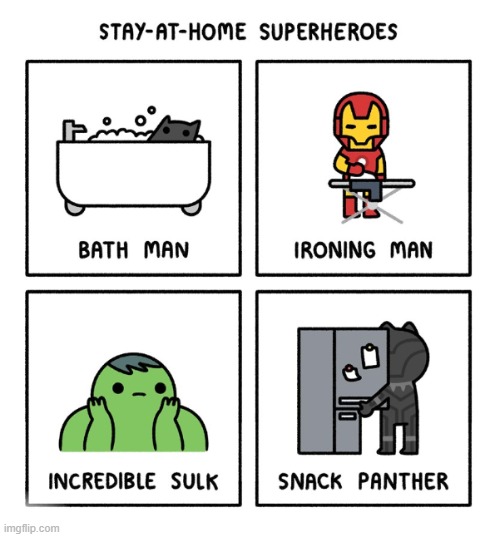 avengers, (including bath man) assemble | image tagged in comics/cartoons,bath man,ironing man,incredible sulk,snack panther | made w/ Imgflip meme maker