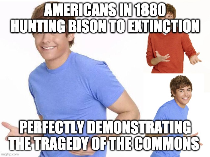 Zac Efron | AMERICANS IN 1880 HUNTING BISON TO EXTINCTION; PERFECTLY DEMONSTRATING THE TRAGEDY OF THE COMMONS | image tagged in zac efron | made w/ Imgflip meme maker