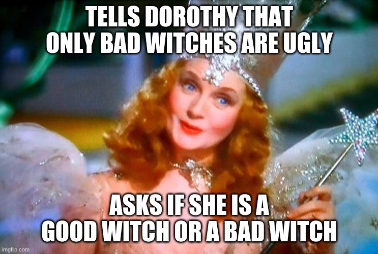 Roasted by Glinda |  TELLS DOROTHY THAT ONLY BAD WITCHES ARE UGLY; ASKS IF SHE IS A GOOD WITCH OR A BAD WITCH | image tagged in wizard of oz,disney,oh wow are you actually reading these tags | made w/ Imgflip meme maker