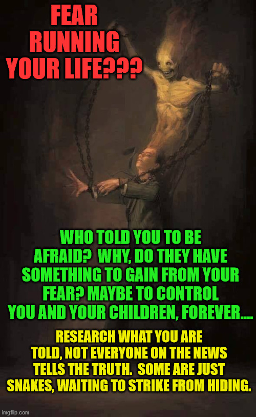 Demo ridden people | FEAR RUNNING YOUR LIFE??? WHO TOLD YOU TO BE AFRAID?  WHY, DO THEY HAVE SOMETHING TO GAIN FROM YOUR FEAR? MAYBE TO CONTROL YOU AND YOUR CHILDREN, FOREVER.... RESEARCH WHAT YOU ARE TOLD, NOT EVERYONE ON THE NEWS TELLS THE TRUTH.  SOME ARE JUST SNAKES, WAITING TO STRIKE FROM HIDING. | image tagged in demo ridden people | made w/ Imgflip meme maker