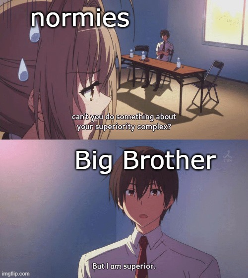 Read it and weep normies, Big Brother is watching | normies; Big Brother | image tagged in can't you do something about your superiority complex,big brother,big brother is watching,1984,brother scar | made w/ Imgflip meme maker