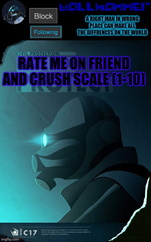 RATE ME ON FRIEND AND CRUSH SCALE (1-10) | image tagged in wallhammer temp | made w/ Imgflip meme maker