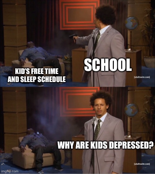 So true though | SCHOOL; KID’S FREE TIME AND SLEEP SCHEDULE; WHY ARE KIDS DEPRESSED? | image tagged in memes,who killed hannibal | made w/ Imgflip meme maker