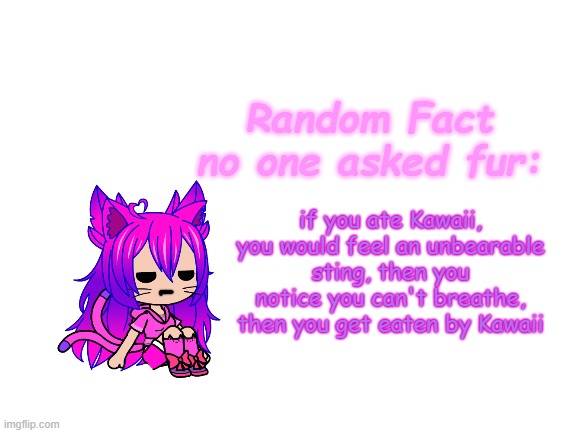 mainly because she's eating your heart, lungs, and kidneys while inhaling you like kirby | if you ate Kawaii, you would feel an unbearable sting, then you notice you can't breathe, then you get eaten by Kawaii | image tagged in random fact idea totally not stolen from carlos | made w/ Imgflip meme maker