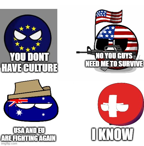 funny polandball thing | YOU DONT HAVE CULTURE; NO YOU GUYS NEED ME TO SURVIVE; I KNOW; USA AND EU ARE FIGHTING AGAIN | image tagged in polandball | made w/ Imgflip meme maker