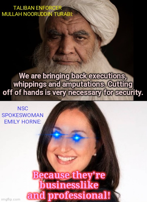 Taliban announces return of mutilations and other horrors to insure "security" | TALIBAN ENFORCER MULLAH NOORUDDIN TURABI:; We are bringing back executions, whippings and amputations. Cutting off of hands is very necessary for security. NSC SPOKESWOMAN EMILY HORNE:; Because they're businesslike and professional! | image tagged in taliban,barbarianism,mutilation,islamic fanatics,extremists,excusing torture | made w/ Imgflip meme maker