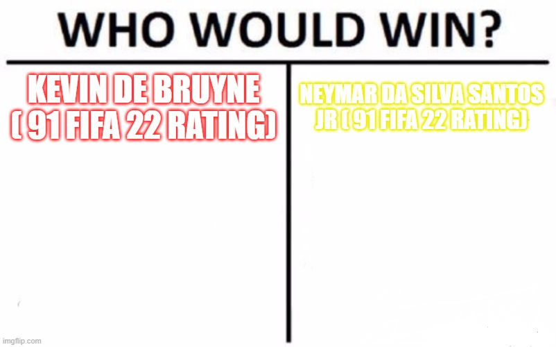Who Would Win? | KEVIN DE BRUYNE ( 91 FIFA 22 RATING); NEYMAR DA SILVA SANTOS JR ( 91 FIFA 22 RATING) | image tagged in memes,who would win | made w/ Imgflip meme maker