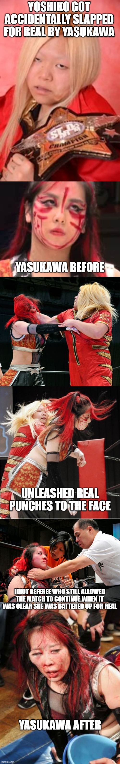 Predetermined Match gone wrong | YOSHIKO GOT ACCIDENTALLY SLAPPED FOR REAL BY YASUKAWA; YASUKAWA BEFORE; UNLEASHED REAL PUNCHES TO THE FACE; IDIOT REFEREE WHO STILL ALLOWED THE MATCH TO CONTINUE WHEN IT WAS CLEAR SHE WAS BATTERED UP FOR REAL; YASUKAWA AFTER | image tagged in yasukawa,yoshiko,wrestling,wwe | made w/ Imgflip meme maker