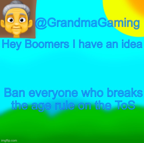 Grandma Gaming | Hey Boomers I have an idea; Ban everyone who breaks the age rule on the ToS | image tagged in grandma gaming | made w/ Imgflip meme maker