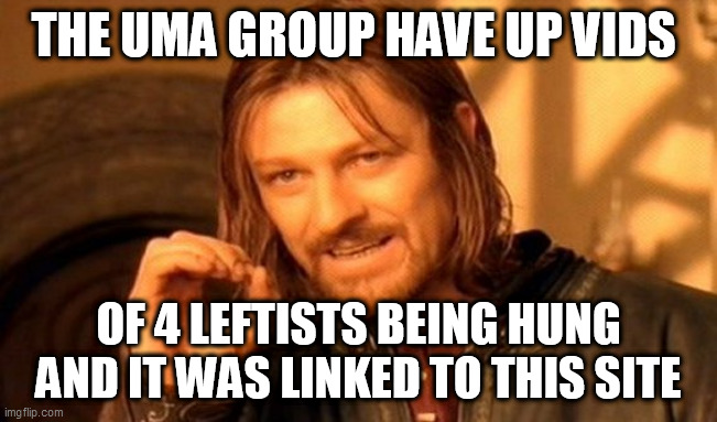 One Does Not Simply Meme | THE UMA GROUP HAVE UP VIDS; OF 4 LEFTISTS BEING HUNG AND IT WAS LINKED TO THIS SITE | image tagged in memes,one does not simply | made w/ Imgflip meme maker