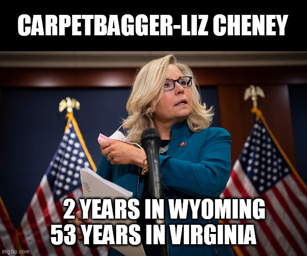 Carpetbagger-Liz | CARPETBAGGER-LIZ CHENEY; 2 YEARS IN WYOMING
53 YEARS IN VIRGINIA | image tagged in memes,political meme,politics,wyoming,republicans,conservatives | made w/ Imgflip meme maker
