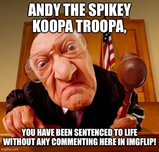 Mean Judge | ANDY THE SPIKEY KOOPA TROOPA, YOU HAVE BEEN SENTENCED TO LIFE WITHOUT ANY COMMENTING HERE IN IMGFLIP! | image tagged in mean judge | made w/ Imgflip meme maker