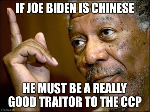 Just saying. | IF JOE BIDEN IS CHINESE; HE MUST BE A REALLY GOOD TRAITOR TO THE CCP | image tagged in this morgan freeman | made w/ Imgflip meme maker