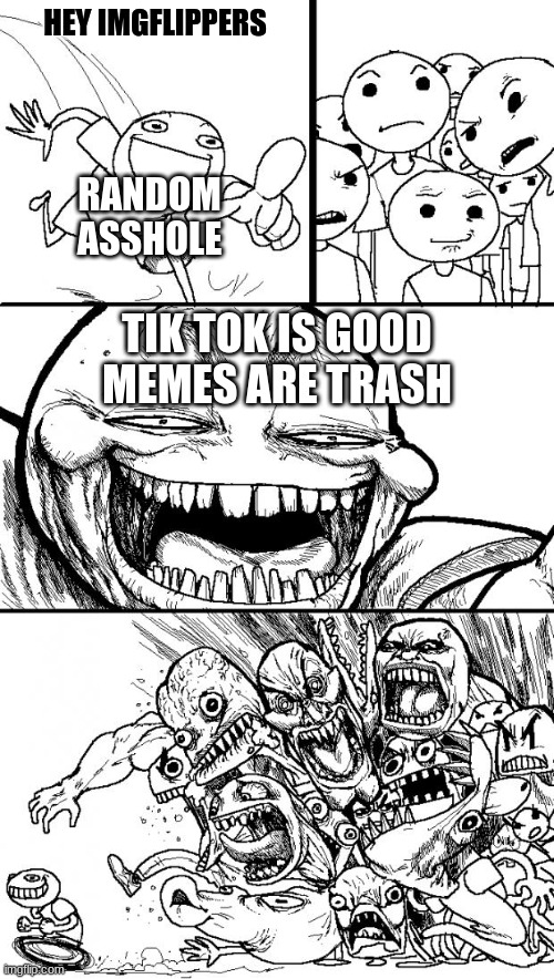 Hey Internet | HEY IMGFLIPPERS; RANDOM ASSHOLE; TIK TOK IS GOOD
MEMES ARE TRASH | image tagged in memes,hey internet | made w/ Imgflip meme maker