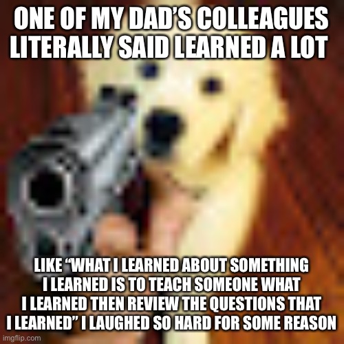 Dog gun | ONE OF MY DAD’S COLLEAGUES LITERALLY SAID LEARNED A LOT; LIKE “WHAT I LEARNED ABOUT SOMETHING I LEARNED IS TO TEACH SOMEONE WHAT I LEARNED THEN REVIEW THE QUESTIONS THAT I LEARNED” I LAUGHED SO HARD FOR SOME REASON | image tagged in dog gun | made w/ Imgflip meme maker