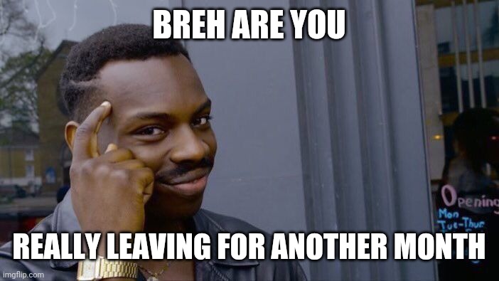 I just made this because im bored -_- | BREH ARE YOU; REALLY LEAVING FOR ANOTHER MONTH | image tagged in memes,roll safe think about it | made w/ Imgflip meme maker