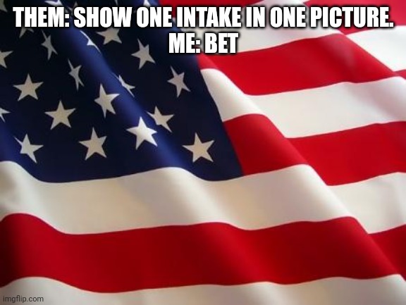 American flag | THEM: SHOW ONE INTAKE IN ONE PICTURE.
ME: BET | image tagged in american flag | made w/ Imgflip meme maker