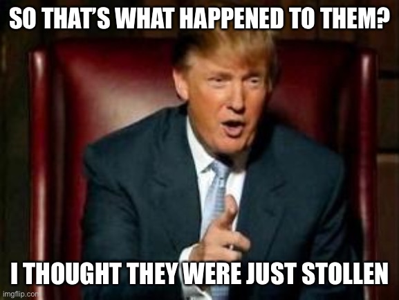 Donald Trump | SO THAT’S WHAT HAPPENED TO THEM? I THOUGHT THEY WERE JUST STOLLEN | image tagged in donald trump | made w/ Imgflip meme maker