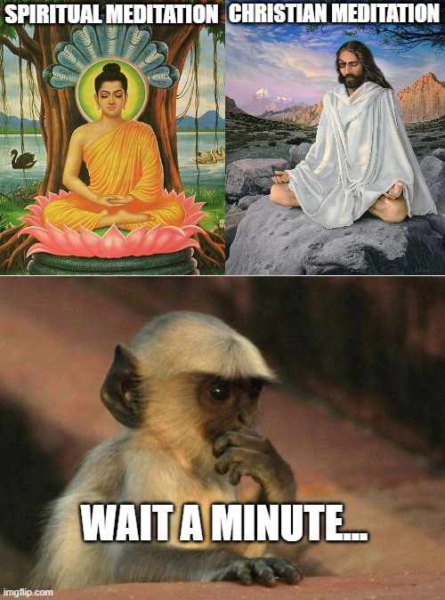 I know they're different, But essentially, They're pretty similar, If not, Identical! | CHRISTIAN MEDITATION; SPIRITUAL MEDITATION; WAIT A MINUTE... | image tagged in thinking monkey,buddhism,christianity,memes,jesus,meditation | made w/ Imgflip meme maker