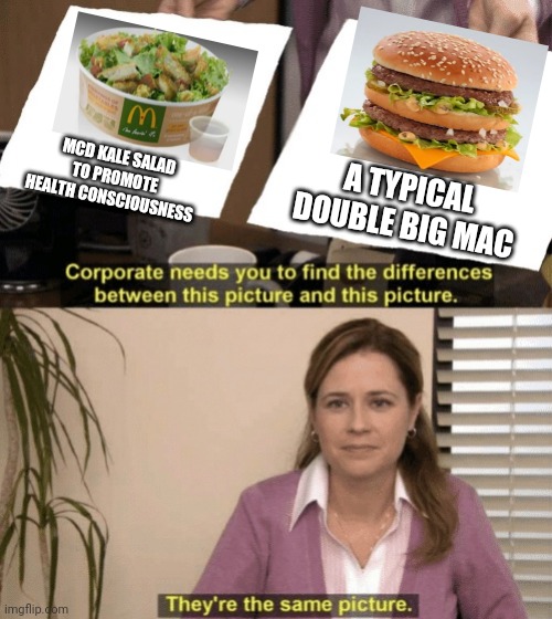 Corporate needs you to find the differences | A TYPICAL DOUBLE BIG MAC; MCD KALE SALAD TO PROMOTE HEALTH CONSCIOUSNESS | image tagged in corporate needs you to find the differences | made w/ Imgflip meme maker