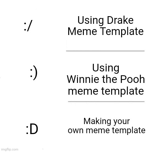 Emoticon template | Using Drake Meme Template; :/; :); Using Winnie the Pooh meme template; Making your own meme template; :D | image tagged in tuxedo winnie the pooh 3 panel,custom template,drake meme,this is a tag,stop reading the tags | made w/ Imgflip meme maker