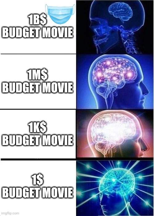 Movie meme |  1B$ BUDGET MOVIE; 1M$ BUDGET MOVIE; 1K$ BUDGET MOVIE; 1$ BUDGET MOVIE | image tagged in memes,expanding brain | made w/ Imgflip meme maker