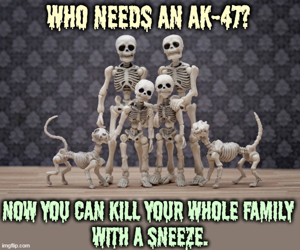 Have you noticed? There are fewer anti-vaxxers every day. | WHO NEEDS AN AK-47? NOW YOU CAN KILL YOUR WHOLE FAMILY 
WITH A SNEEZE. | image tagged in anti vax,dead,family,pandemic,vaccination,stupid | made w/ Imgflip meme maker