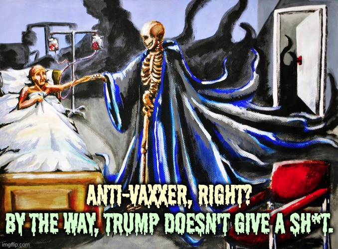 A silly reason to die. A silly reason to lose loved ones. | ANTI-VAXXER, RIGHT? BY THE WAY, TRUMP DOESN'T GIVE A SH*T. | image tagged in trump,anti vax,pandemic,covid-19,death | made w/ Imgflip meme maker