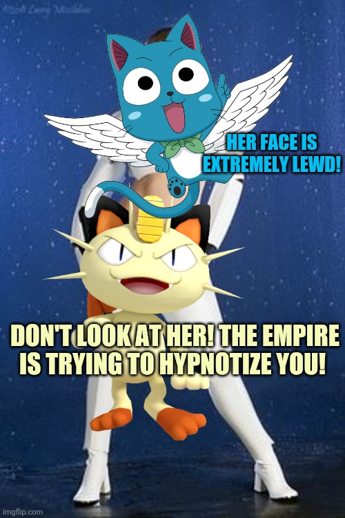 Meowth censors Starwars | HER FACE IS EXTREMELY LEWD! DON'T LOOK AT HER! THE EMPIRE IS TRYING TO HYPNOTIZE YOU! | image tagged in meowth,censorship,star wars,stormtrooper,pokemon,lewd | made w/ Imgflip meme maker