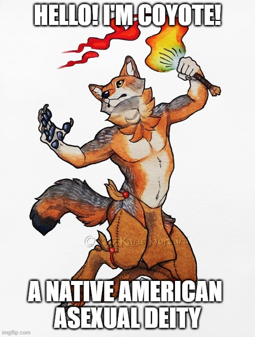 DISCLAIMER: This Coyote is from the "Coyoteway" version of the deity, Not the infamous *Predator* one. | HELLO! I'M COYOTE! A NATIVE AMERICAN 
ASEXUAL DEITY | image tagged in lgbtq,ace,deities,coyote,repost | made w/ Imgflip meme maker