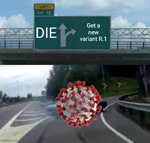 Oh noes! | DIE; Get a new variant R.1 | image tagged in memes,left exit 12 off ramp,coronavirus,covid-19,r1,we're all doomed | made w/ Imgflip meme maker