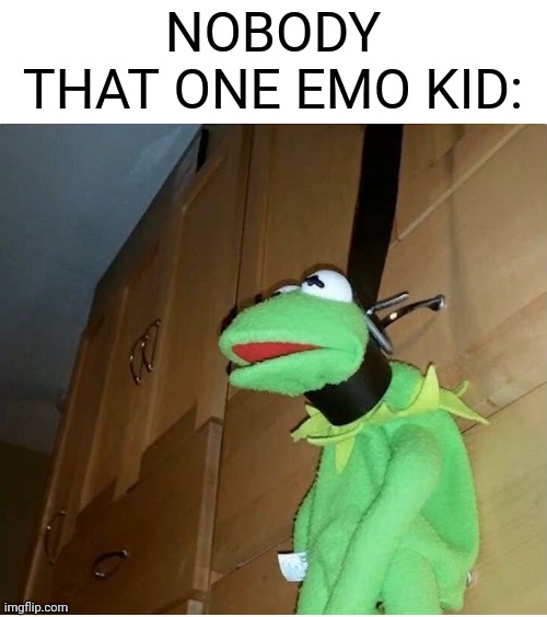 That one emo kid | NOBODY
THAT ONE EMO KID: | image tagged in kermit hanged with belt | made w/ Imgflip meme maker