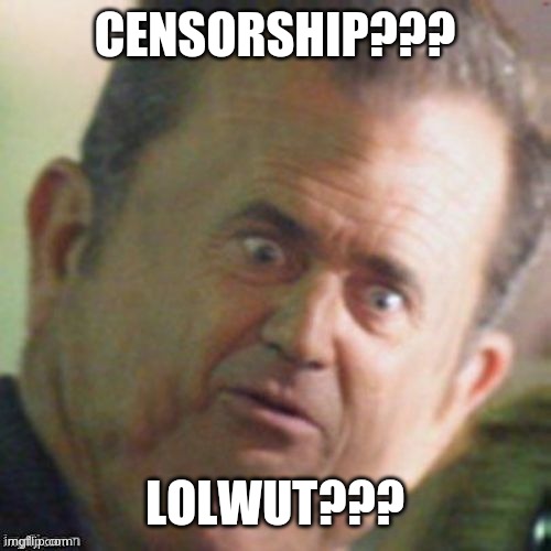Mel Gibson stunned | CENSORSHIP??? LOLWUT??? | image tagged in mel gibson stunned | made w/ Imgflip meme maker