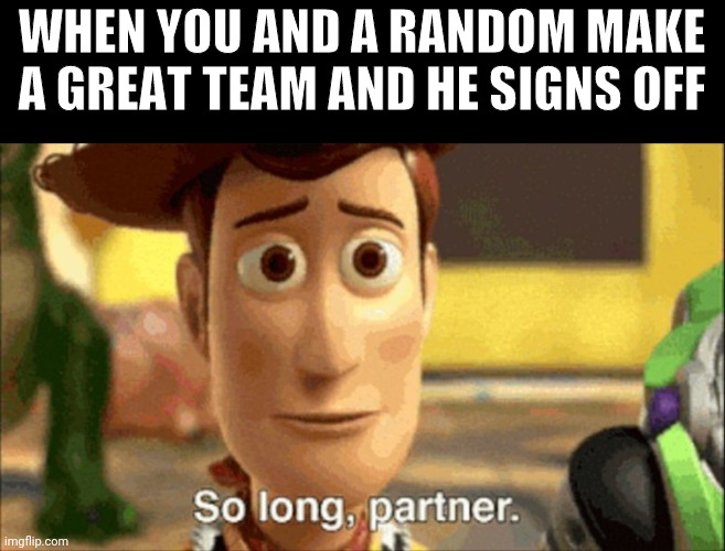 So long partner | WHEN YOU AND A RANDOM MAKE A GREAT TEAM AND HE SIGNS OFF | image tagged in so long partner | made w/ Imgflip meme maker