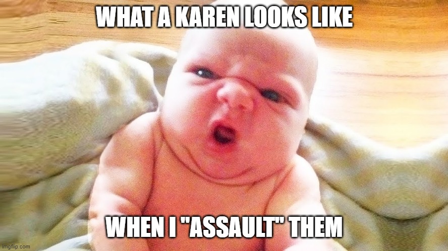 Karen | WHAT A KAREN LOOKS LIKE; WHEN I "ASSAULT" THEM | image tagged in baby | made w/ Imgflip meme maker