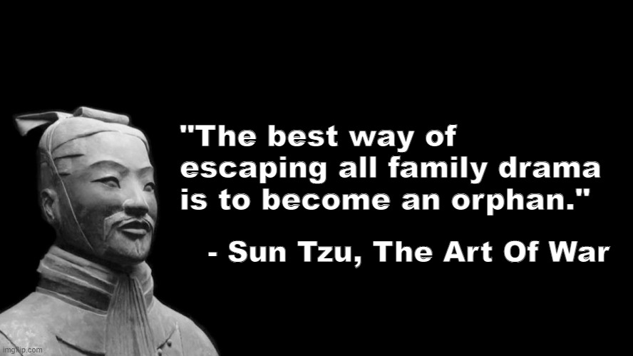 i made this meme to honour a battle pig | "The best way of escaping all family drama is to become an orphan."; - Sun Tzu, The Art Of War | image tagged in -sun tzu the art of war- | made w/ Imgflip meme maker